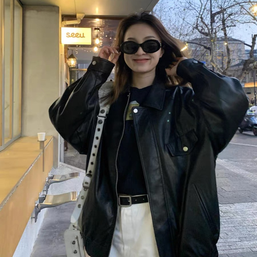 2025 New Autumn and Winter Zipper Lapel Imitation Leather Jacket Women's Short Loose Slim American Retro Motorcycle Jacket