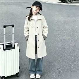女童中长款风衣2026秋季中大童翻领单排扣外套儿童宽松洋气大衣潮