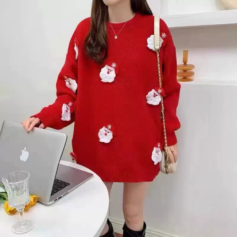圣诞红色毛衣女过年喜庆针织立体圣诞老人外穿秋冬慵懒风宽松上衣