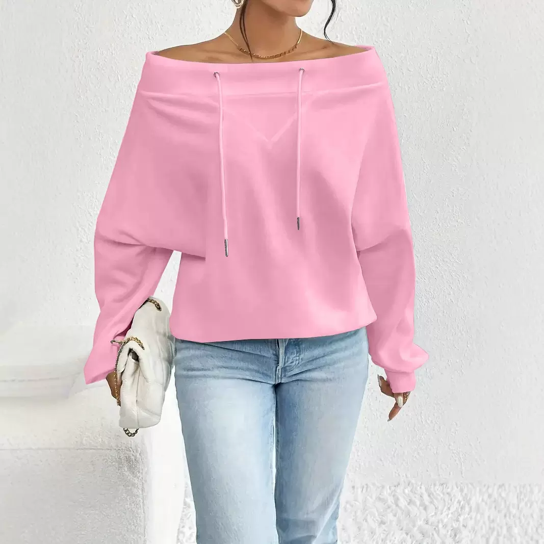 2025新款亚马逊TEMUTiktok跨境女装宽松休闲通抽绳露肩一字领上衣