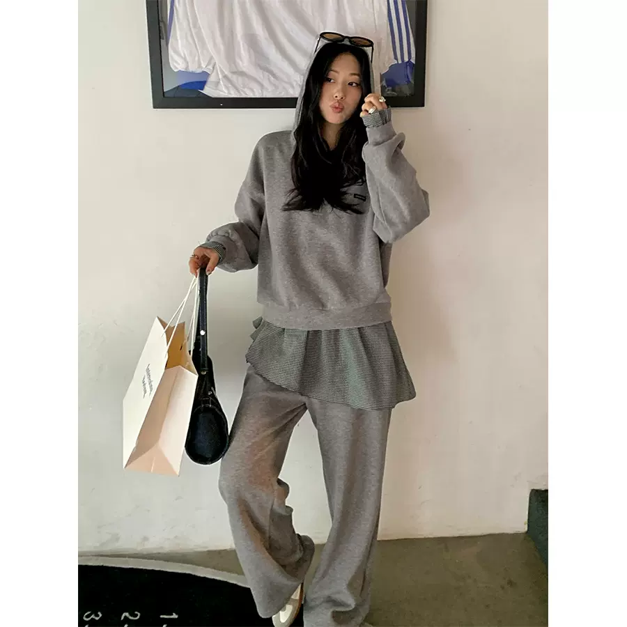 广州黄峥韩式学院风连帽卫衣直筒卫裤叠穿屁帘秋季休闲套装530876