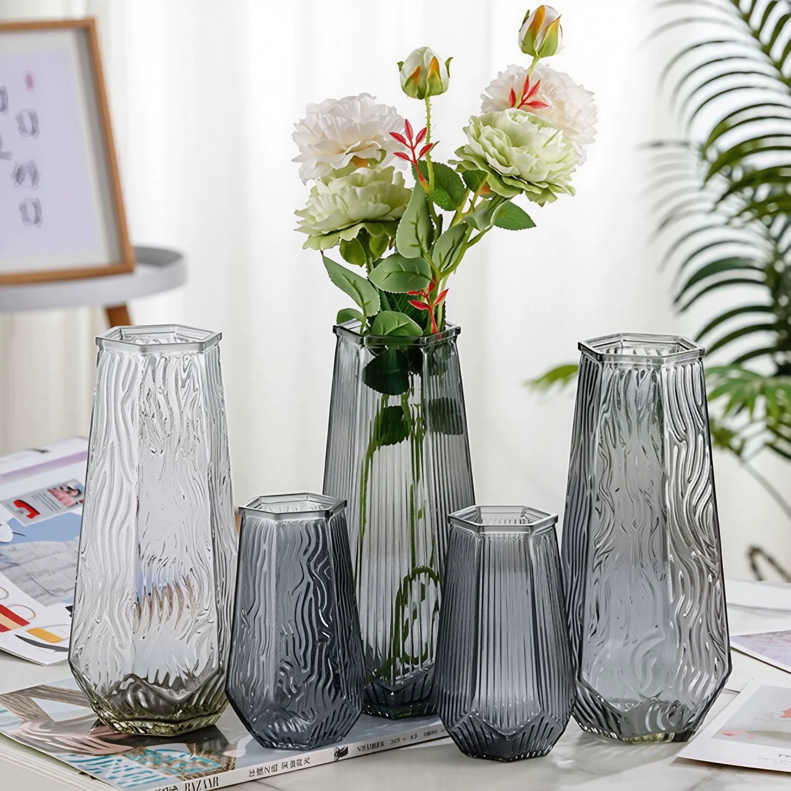 Оптовая Новая ваза шестиугольная вертикальная полоса тисненая Стеклянная Ваза Цветочная композиция столешница прозрачная стеклянная ваза