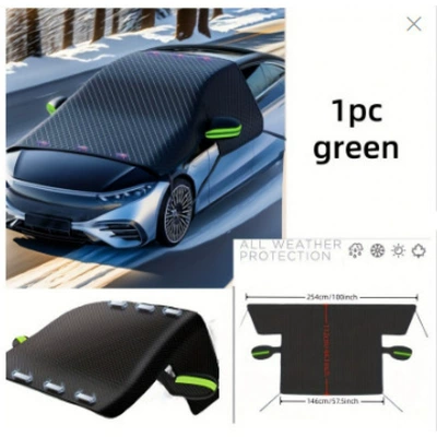 Cross-border best-selling car snow cover, winter anti-snow and anti-freeze half-cover car cover, front windshield sun protection magnetic snow cover (Car snow shield) - 260115cm-oxford-fabric-with-green-reflective-strips-4-straps