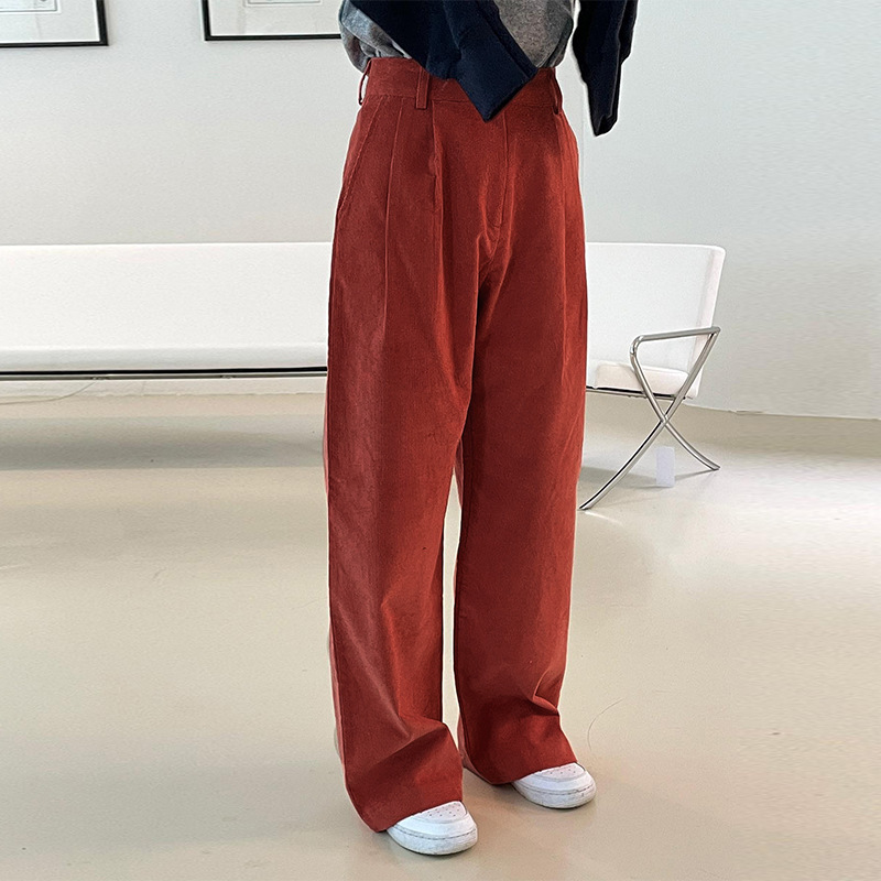 【Clearance Bargain】Corduroy Wide-Leg Pants Red Loose Plus Size Straight Pants High-Waisted Corduroy Floor-Length Trousers