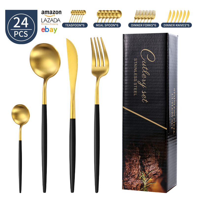 Transfronterizo Amazon mango redondo portugués cuchillo y tenedor cuchara set de platos de acero inoxidable mate cuchillo y tenedor de filete set 24 piezas