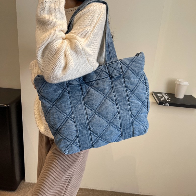 Bolso de mano de diamante para mujer 2024 nuevo retro de gran capacidad de mezclilla bolsa de hombro ligero bolso de hombro de viaje