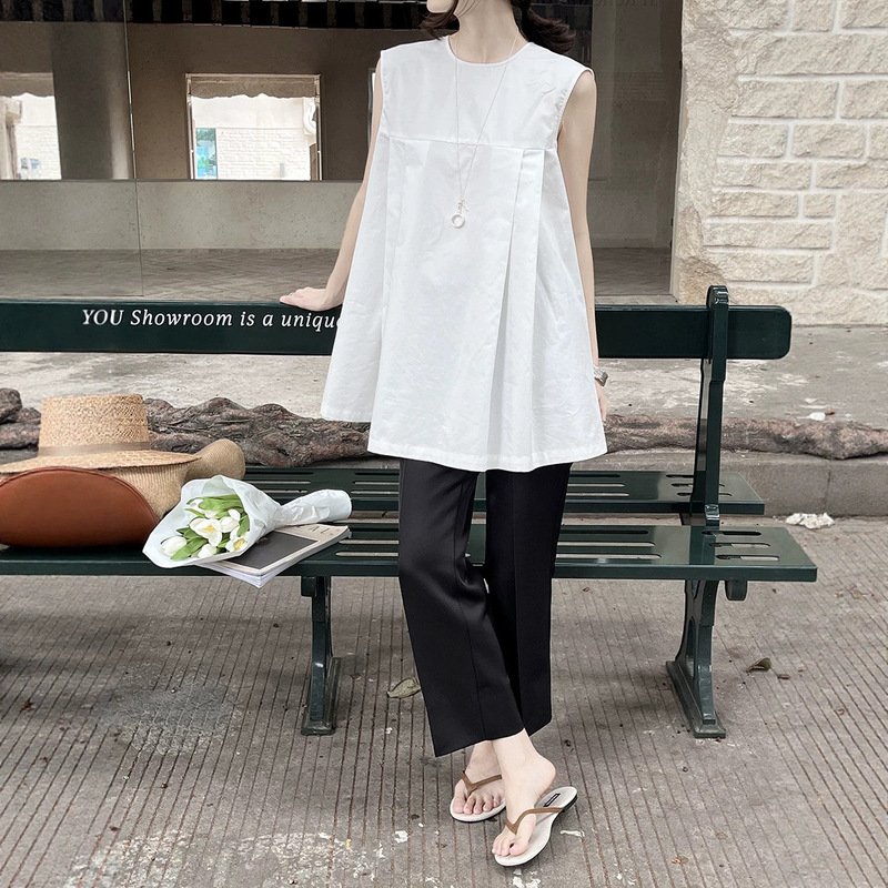 Hoo Summer New French-Style Satin Cotton Pleated Simple and Elegant Row Style Sleeveless Shirt for Work Csa7112 Hoo Summer New French-Style Satin Cotton Pleated Simple and Elegant Row Style Sleeveless Shirt for Work Csa7112