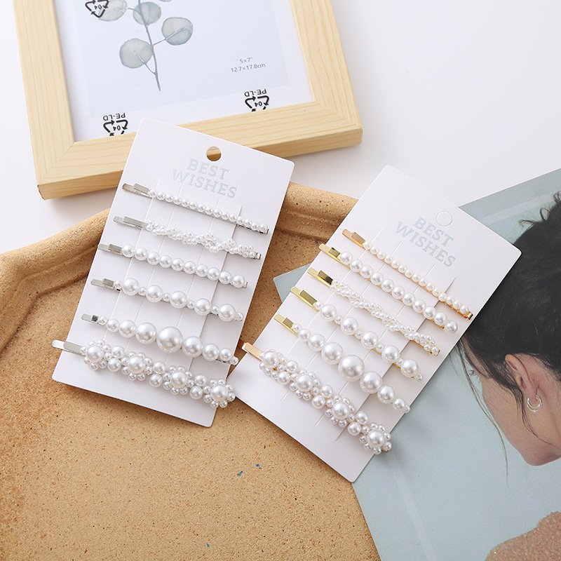 Chic Celebrity-Inspired Imitation Pearl One-Piece Hairpin Set with Korean Minimalist Style, Versatile, with Fringe and Metallic Edge, 6-Piece Set, Wholesale