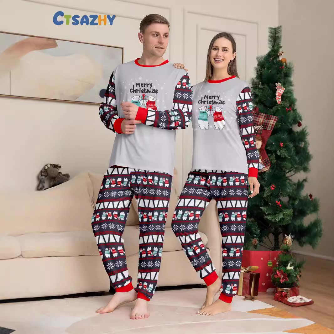 Letras de floco de neve de urso de natal terno de família de natal impresso vestido de casa pijama_voghion.com