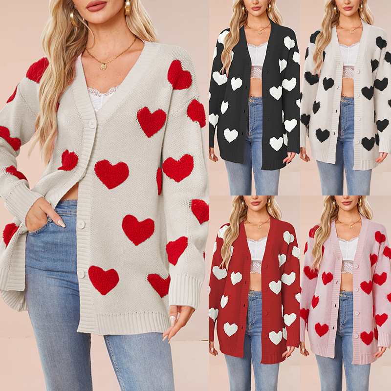 2026 New European and American Women's Fashion Amazon Valentine's Day Heart-Shaped Peach Knit Cardigan with Pockets V-Neck Regular Style Jacket