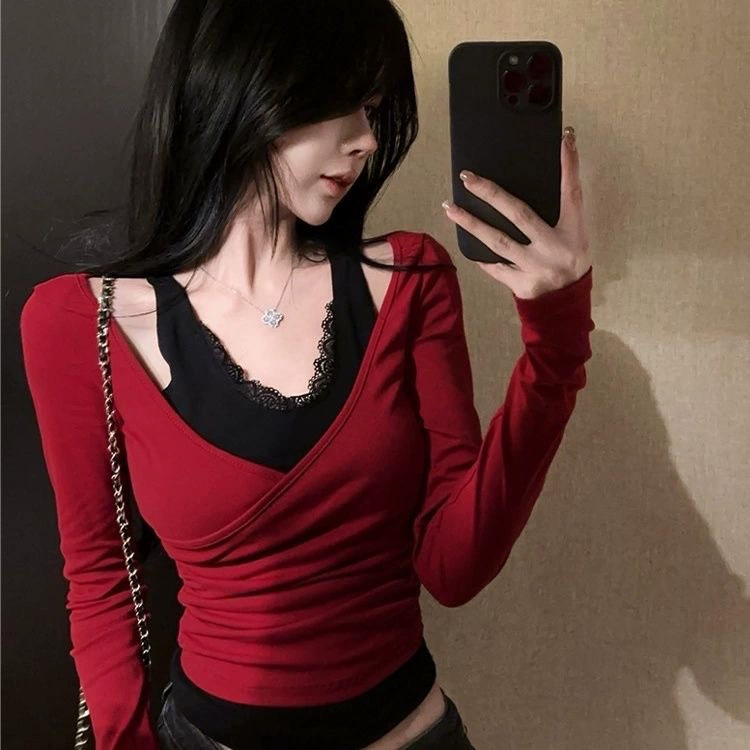 [Lightning Warehouse Hot Style] Поддельная сексуальная кружевная футболка из двух частей чистого желания для женщин с модным топом с v-образным вырезом на бретельках