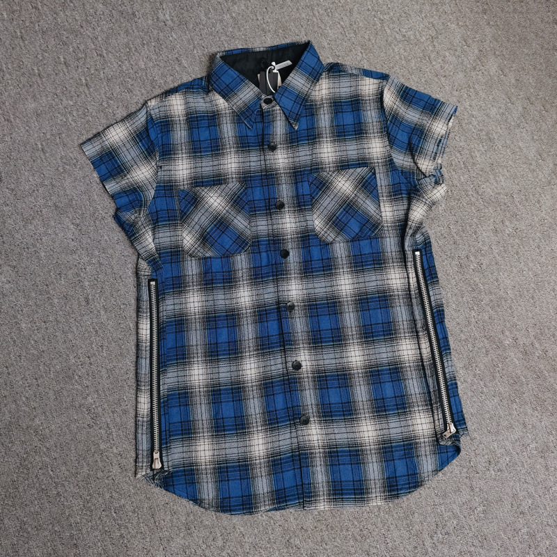 3Rd Blue Plaid Vest Shirt Blue Casual Zip-Up Custom Woven and Dyed Vintage High Street Loose Cotton Shirt Jacket