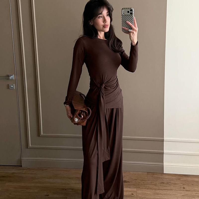 2026 Knitted Comfortable Soft Long-Sleeve Long-Pants Pajamas for Women, Autumn Loose-Fit Brown Elegant Stretchy Ladies' Loungewear 2026 Knitted Comfortable Soft Long-Sleeve Long-Pants Pajamas for Women, Autumn Loose-Fit Brown Elegant Stretchy Ladies' Loungewear