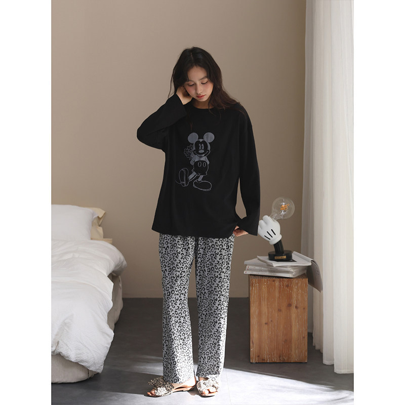 [Disney Mickey] Women's Spring and Autumn Pure Cotton Long-Sleeved Pajamas That Can Be Worn Outside, Leopard Print Long Pants, Printed Home Wear Set