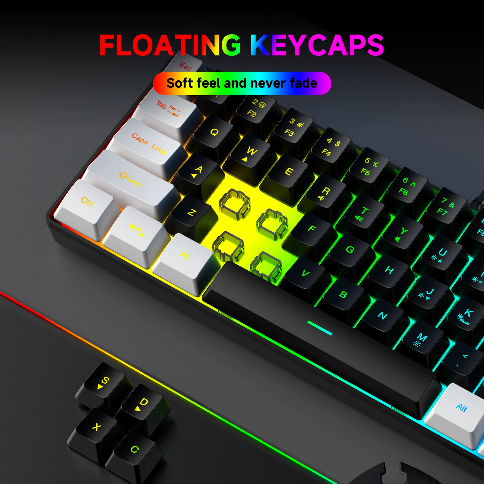 Набор клавиатура G61 — 61-клавишная механическая RGB проводная USB-клавиатура с мышью, ABS-пластик, белая/чёрная