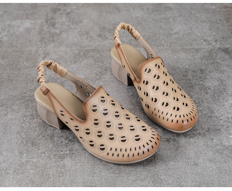 Sandal bít mũi da bò thật khoét lỗ thoáng khí gót thô mùa hè phong cách La Mã — Màu be chi tiết 13