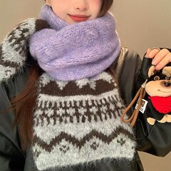 韩系复古费尔岛提花针织含羊毛围巾女高品质冬天保暖百搭学生围脖