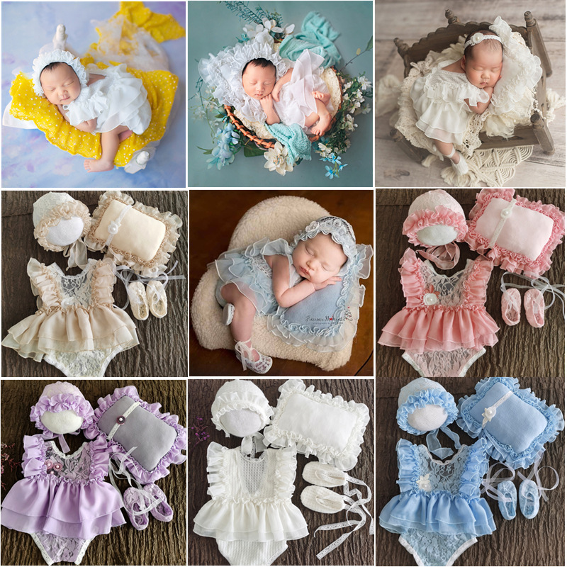 Children's Baby Newborn Lace Princess Dress Photography Clothing 100-Day Half-Year-Old Hat Pearl Headband Pillow Set