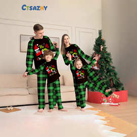 欧美新款亲子装格林奇手指字母印花家居服Christmas绿格睡衣套装