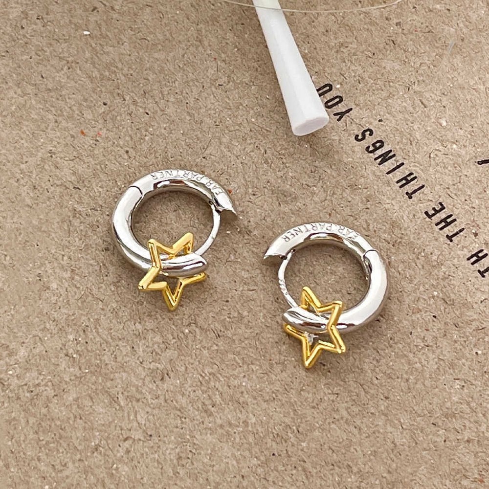Fashionable Niche High-End Color-Blocking Silver Needle Hoop Earrings, Simple and Elegant Star Earrings for Women, Fresh Autumn and Winter Ear Accessories