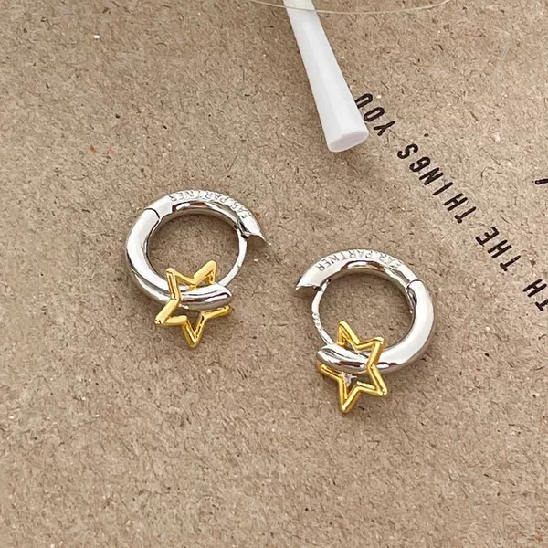 Fashionable Niche High-End Color-Blocking Silver Needle Hoop Earrings, Simple and Elegant Star Earrings for Women, Fresh Autumn and Winter Ear Accessories