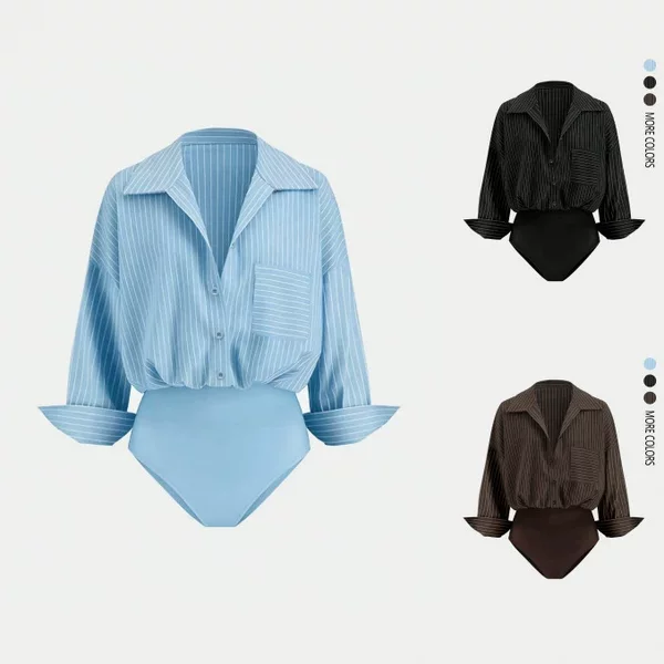 Cross-Border European and American Foreign Trade Women's Clothing, New Striped Long-Sleeve Top, Shirt, Jumpsuit, Casual, Slimming, Versatile, and Stylish