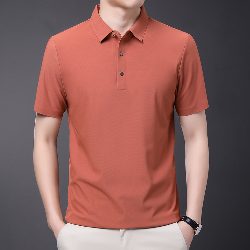 Brand Mulberry Silk POLO Shirt Short-sleeved Men's 2024 Summer Ice Silk Non-ironing All-match Green Middle-aged Men's Casual T-shirt