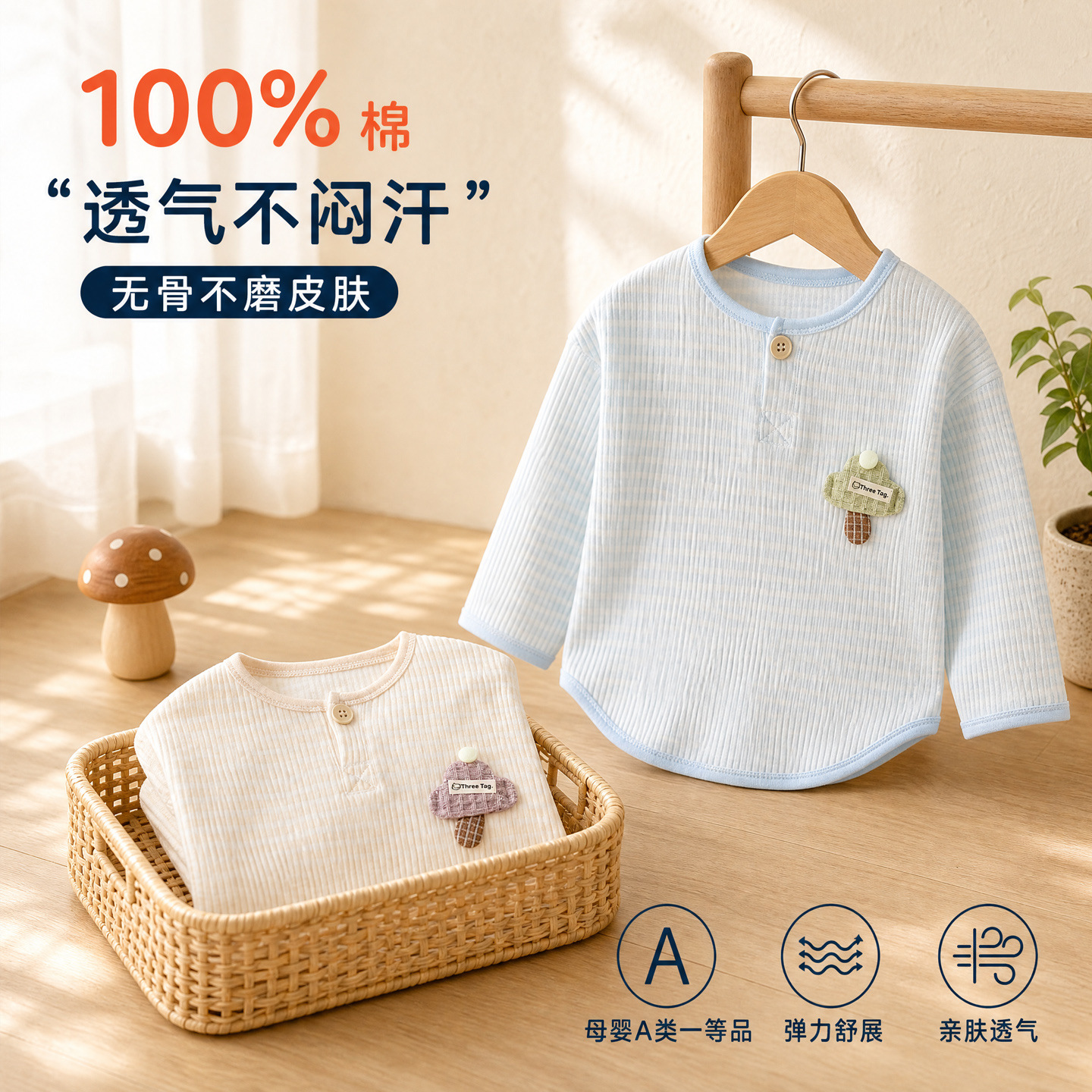 Baby T-shirt made of high-count pure cotton, highly elastic, simple, soft, skin-friendly, breathable, close-fitting, round-neck children's base shirt