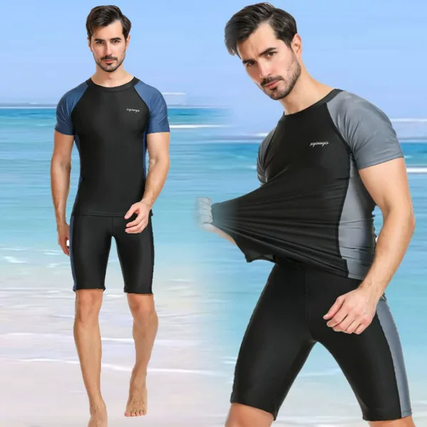 New Men's Swimsuit Split Short-sleeved Boxer Briefs Surfing Large Size Quick-drying Beach Sun Protection Swimsuit Cross-border