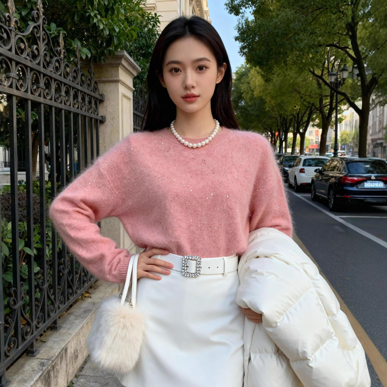 浩哥严选同款亮片金丝羊绒拉绒毛衣圆领针织衫毛衣宽松慵懒女韩系