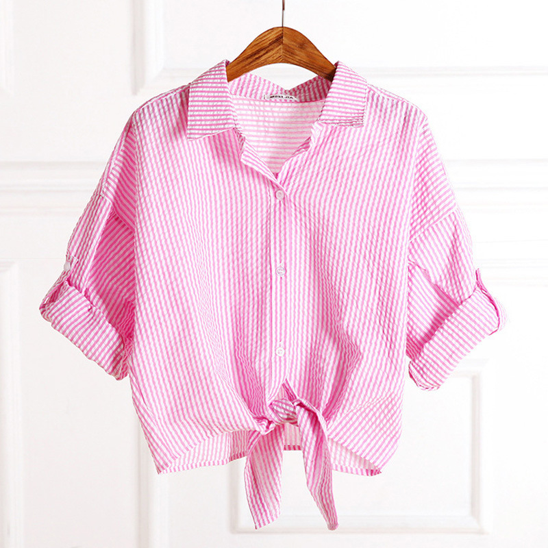 S2 Pink Striped Blue Shirt for Women, Stylish Loose Casual Top with Knotted Hem S2 Pink Striped Blue Shirt for Women, Stylish Loose Casual Top with Knotted Hem