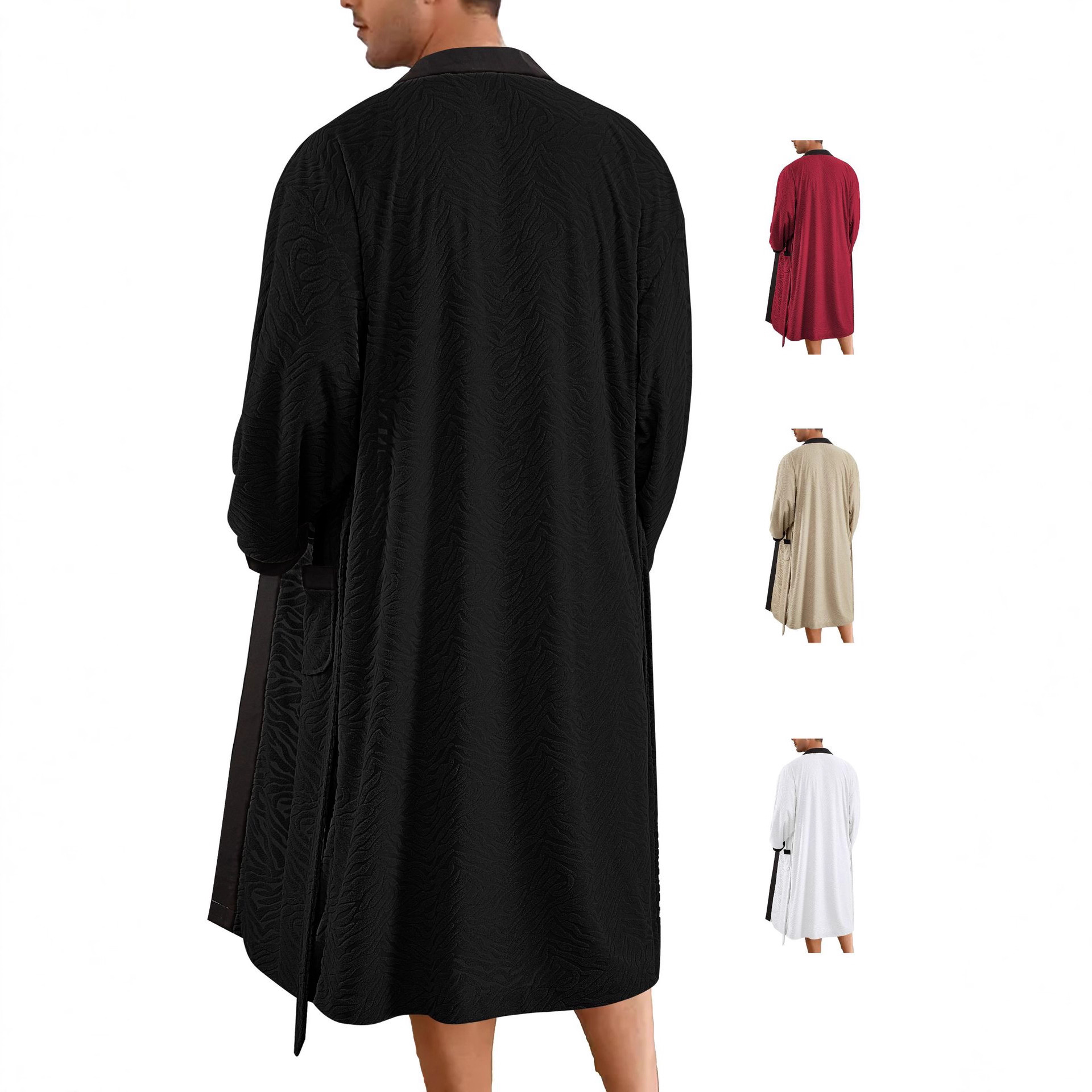 Heren lange badjas met jacquard riem - Premium zachte polyester badjas voor thuis en spa (S/M/L, Bordeauxrood/Kaki/Wit/Zwart, Comfort)_voghion.com