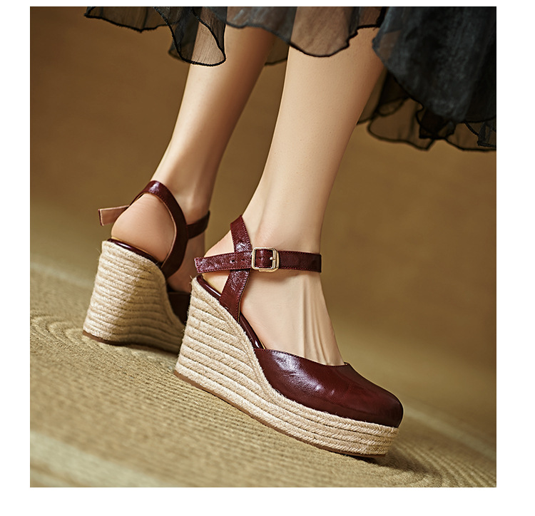 Sandal cao gót nữ quai ngang đế xuồng đan rơm, gót 9 cm — Rượu vang đỏ, màu trắng ngà chi tiết 17