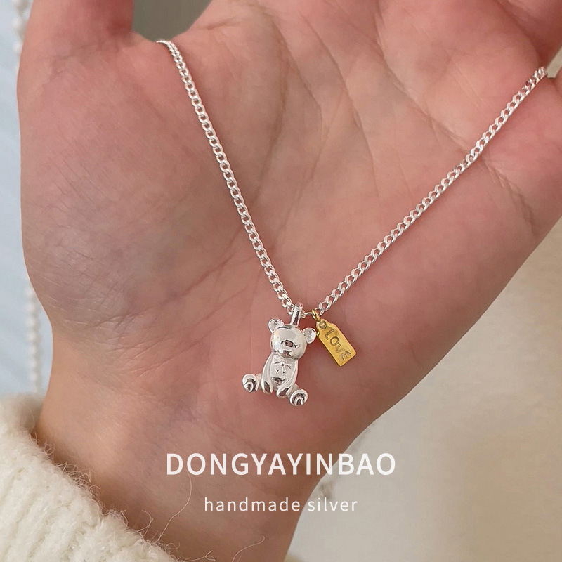 Echtes Silber Teddybär Anhänger Halskette Damen Nischendesign_voghion.com