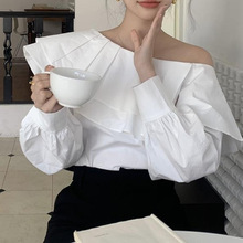 韩国春季法式不规则斜肩设计双层荷叶边宽松百搭长袖衬衫