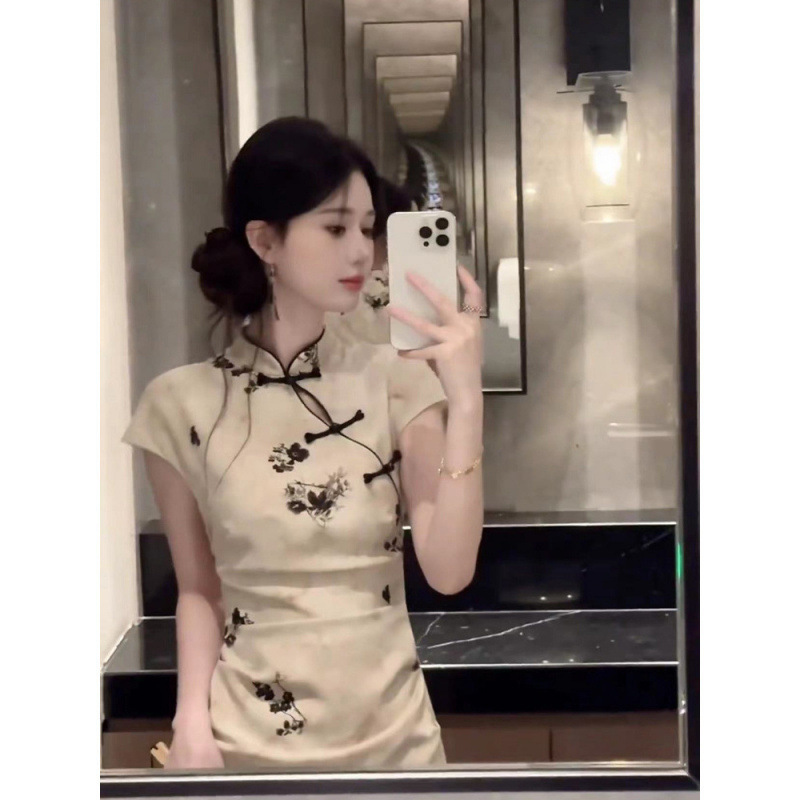 フランス風中国風水墨画ボタン付きドレス女性の夏のスタンドカラースリムフィット純粋な欲望の気質新しい中国風スリット改良|undefined