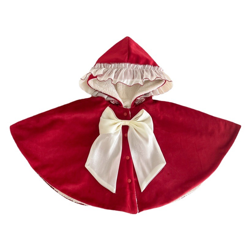 Baby cloak cloak autumn and winter children's outdoor windproof coat fleece-lined baby girl shawl big bow cloak