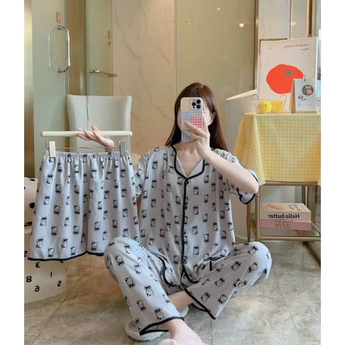 Cardigan transfronterizo al por mayor, pantalones de manga corta, pantalones cortos, pijamas de mujer de tres piezas, servicio a domicilio de solapa pequeña de verano