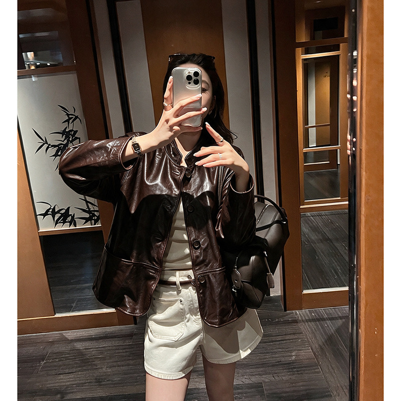 Fifty and Standing『Lily of the Valley Past』Vintage Chinese-style stand-up collar top-layer sheepskin genuine oil-wax leather jacket