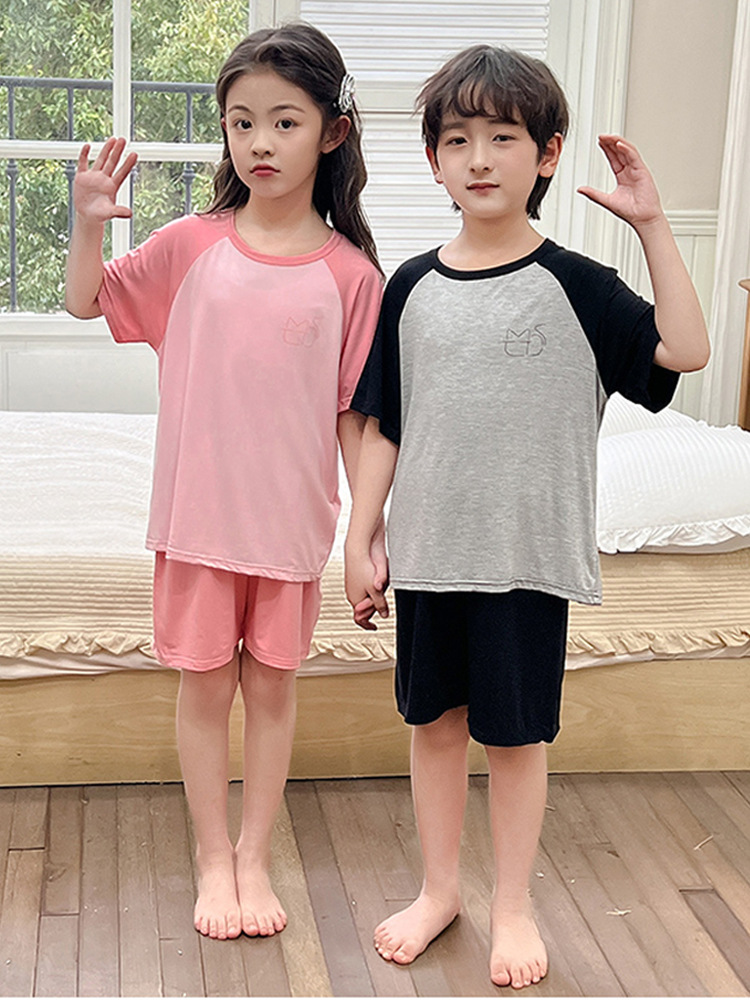 모달 어린이 잠옷 여름 얇은 소년 반팔 반바지 아이스 실크 걸스 홈 옷 대형 어린이 에어컨 옷