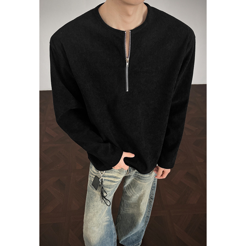 American-style Half-zip Henley Collar T-shirt For Men Women, Corduroy, Spring And Autumn Cleanfit Long-sleeve Base Layer_voghion.com