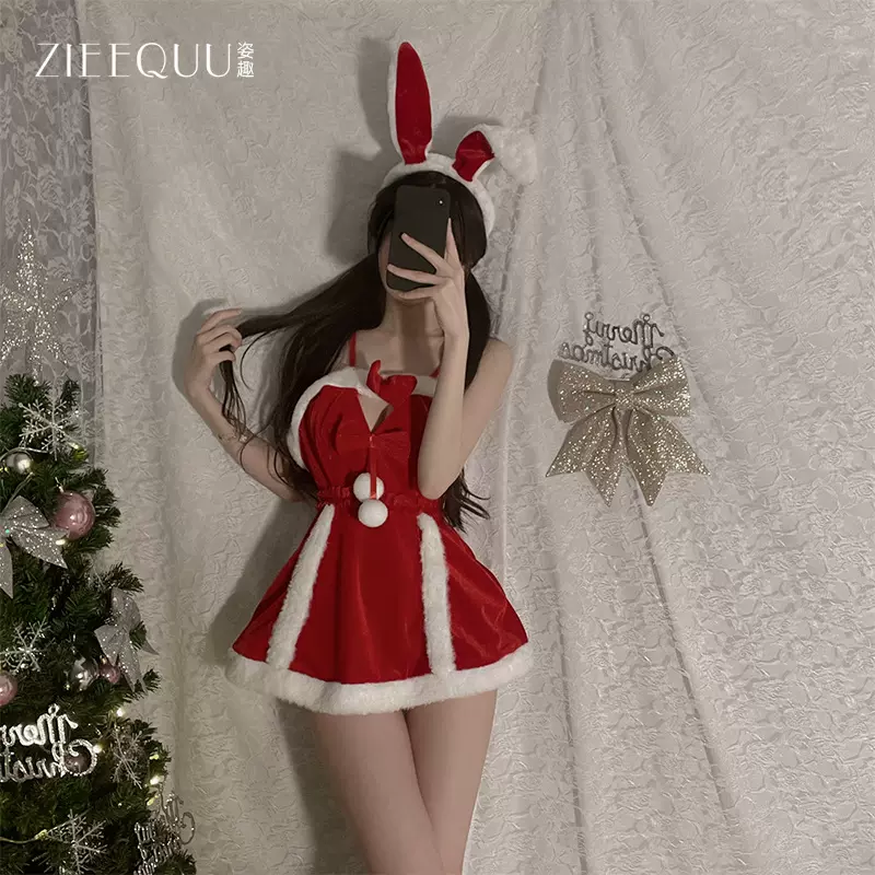 姿趣情趣内衣女性感毛绒吊带红睡裙圣诞新年战袍元旦制服套装6109