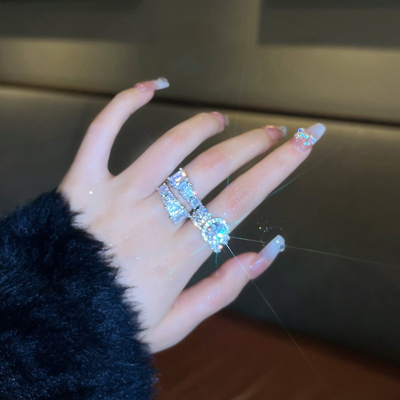 Zircon oval double row open ring Korean fashion alloy diamond ring female