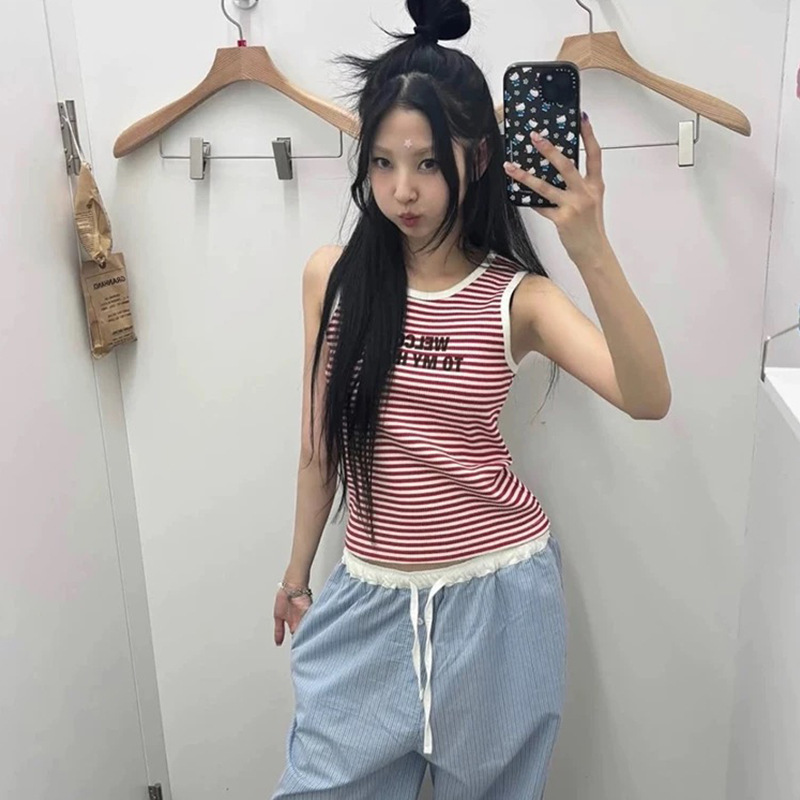 韩国aeae吊带背心女夏季新款修身显瘦无袖短款辣妹条纹印花小背心|undefined