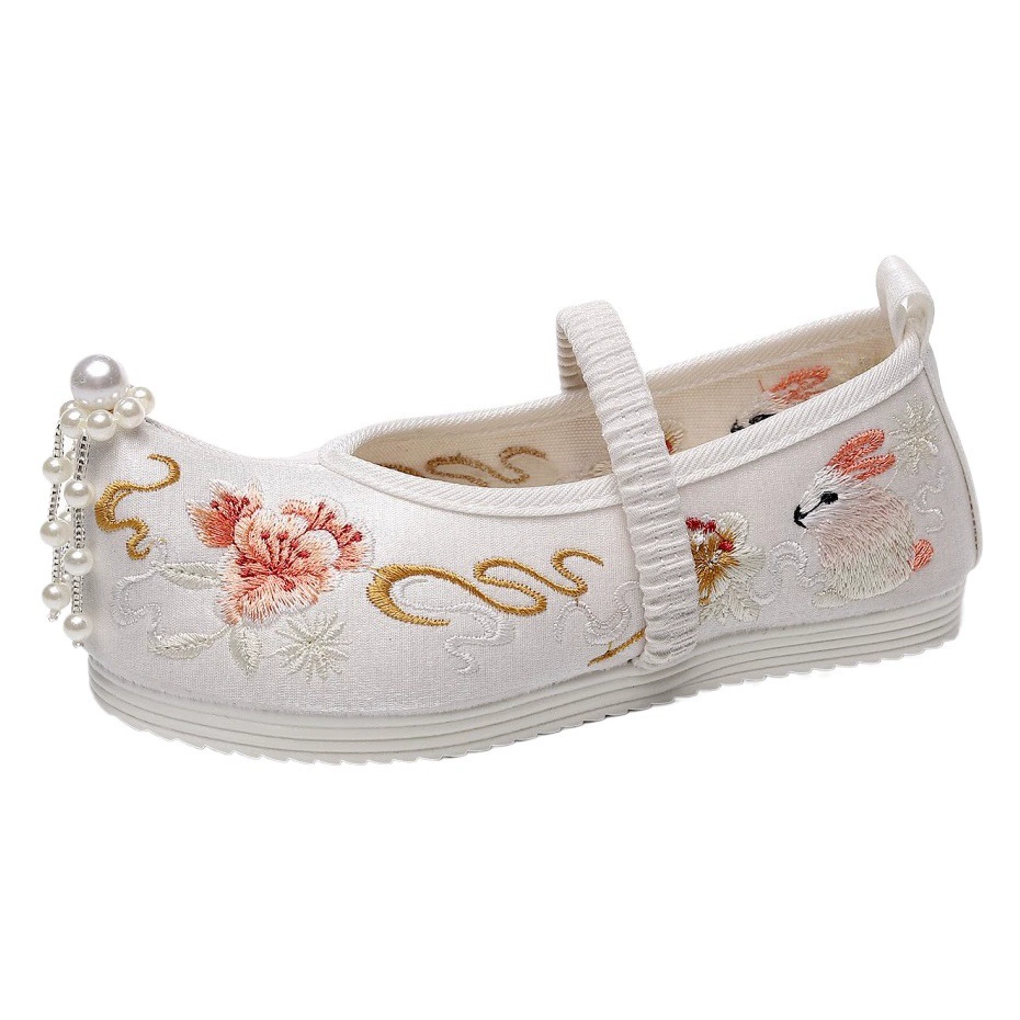 Детский костюм Тан для девочек с жемчужным цветком, обувь ханьфу, древний костюм, танец с жемчугом на голову, Детская Винтажная обувь с вышивкой и бантом