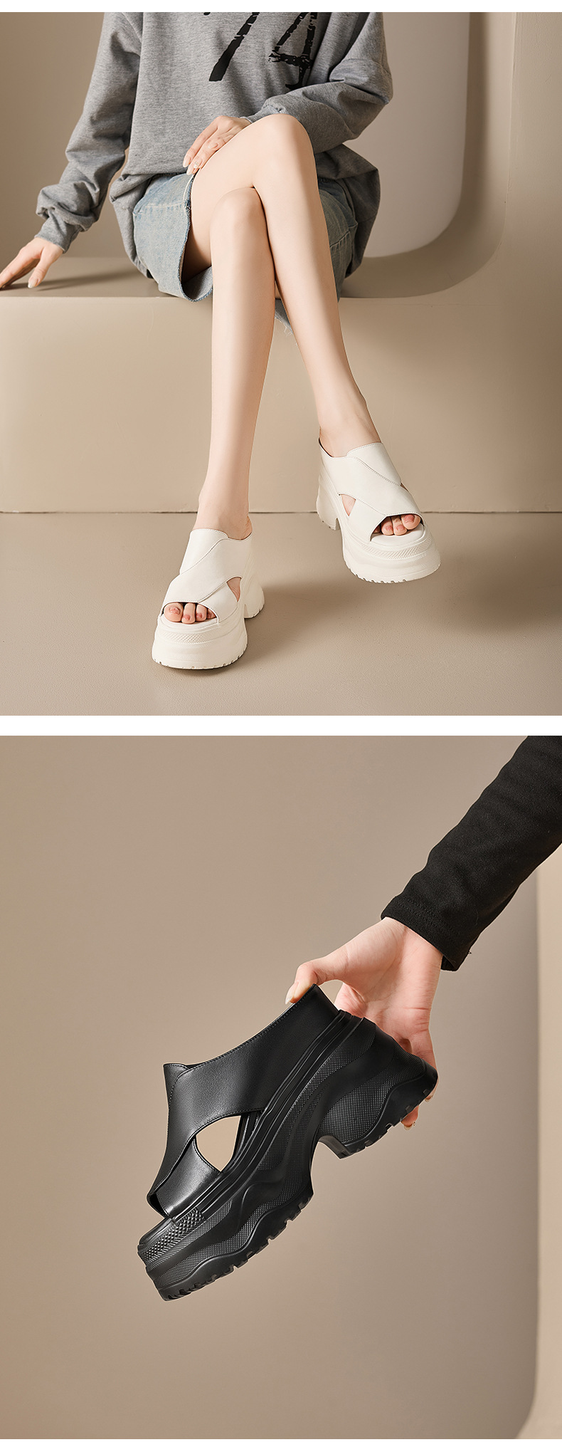 Dép sandal nữ quai ngang đế dày da thật tăng chiều cao — màu đen, màu trắng ngà, bạc chi tiết 7