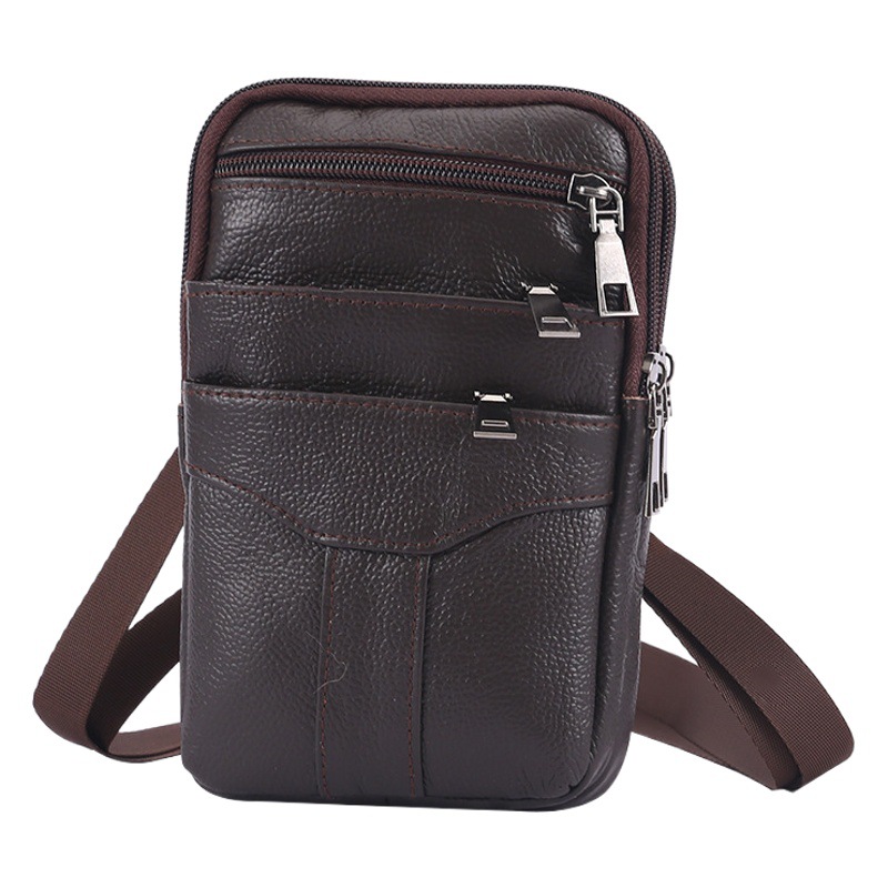 New Men's Waist Bag Cross-Body Bag Genuine Leather Shoulder Bag Multi-Layer Portable Double Zipper Wearable Belt Mobile Phone Hanging Bag