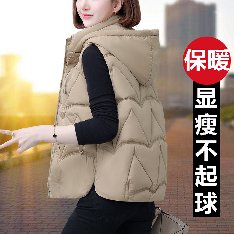 Brown Short down Cotton Vest for Women Autumn and Winter 2025 New Style Mother's Style Warm Vest Early Winter Hooded Jacket