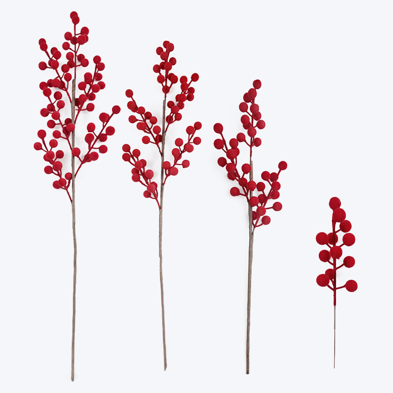 Ramas de Frutos Rojos Flocados de PVC para Decoración Navideña y Año Nuevo