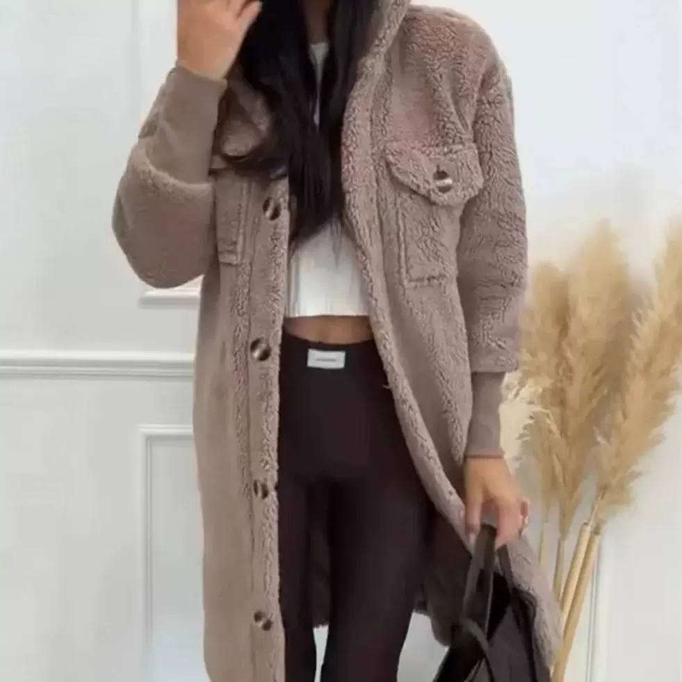 欧美跨境外贸2025新款女士纯色仿羔羊皮泰迪外套秋冬毛茸大衣风衣